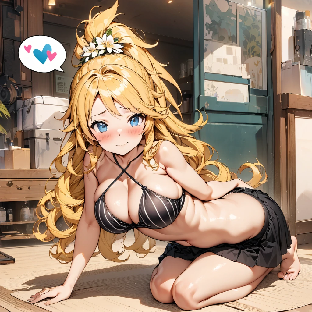 masterpiece), (highest quality), (illustration), (super detailed), (high resolution), absurdity, 1girl,kagamine len,vocaloid,long hair,wavy hair,ponytail,criss-cross halter,black striped bikini,long hair,hair flower,blush,beachyokozuwari,looking at viewer,bare feet,blush,shy smile,spoken heart
