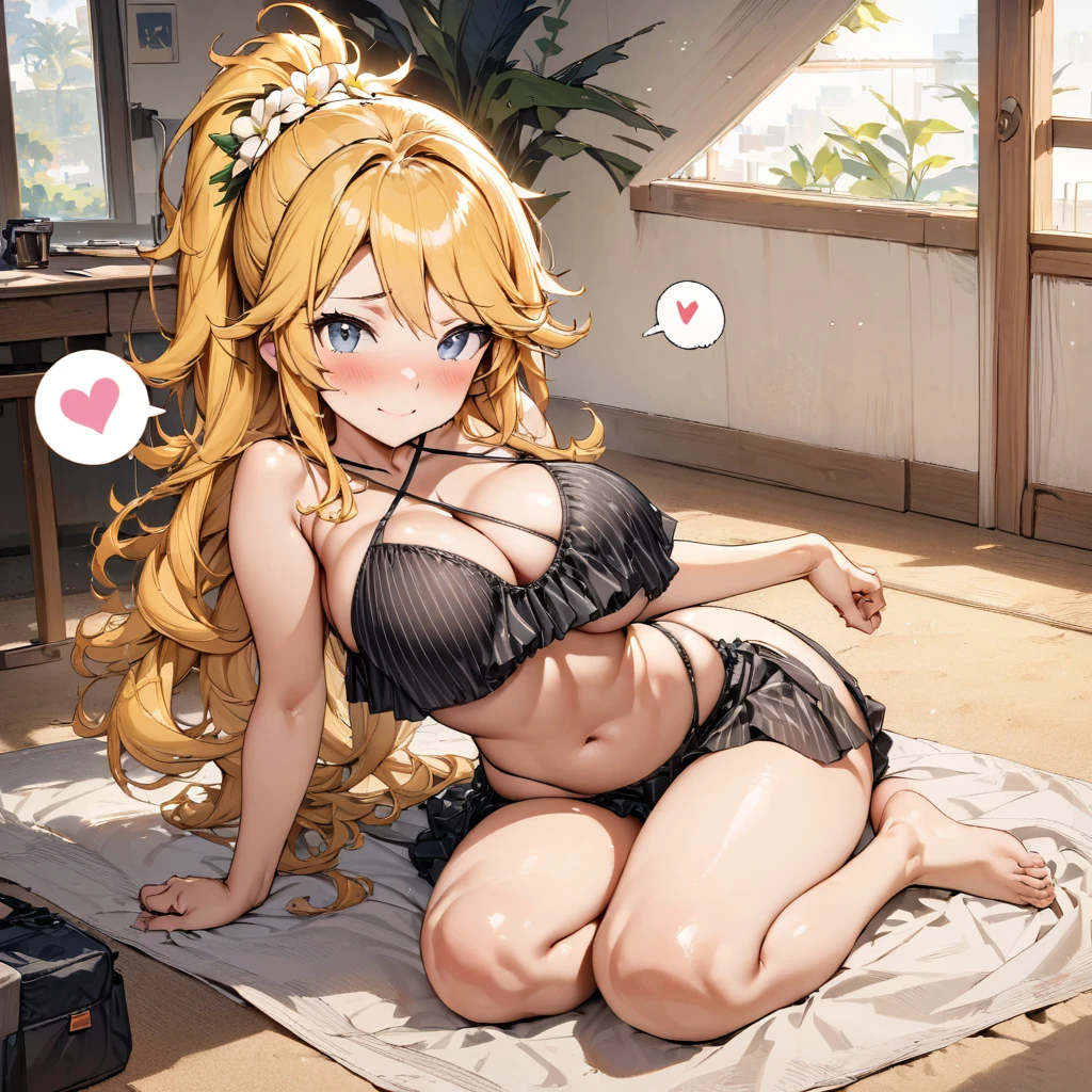 masterpiece), (highest quality), (illustration), (super detailed), (high resolution), absurdity, 1girl,kagamine len,vocaloid,long hair,wavy hair,ponytail,criss-cross halter,black striped bikini,long hair,hair flower,blush,beachyokozuwari,looking at viewer,bare feet,blush,shy smile,spoken heart