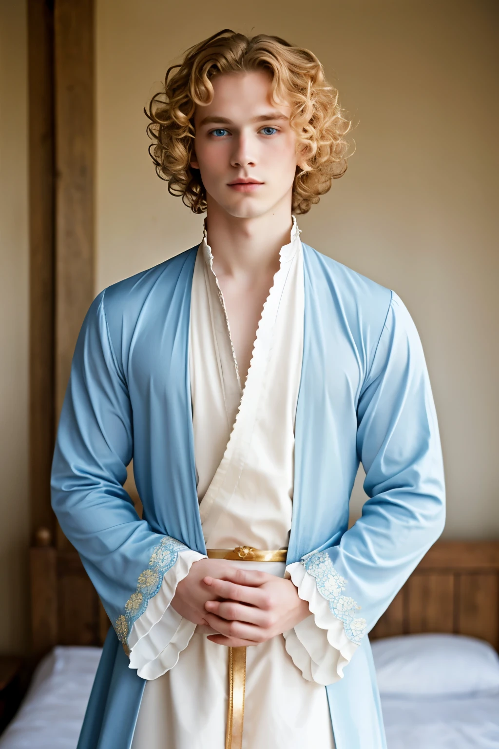 a delicate prince with blue eyes golden hair with curls pale skin with a light blush medieval blue and white clothing delicate appearance concorset





