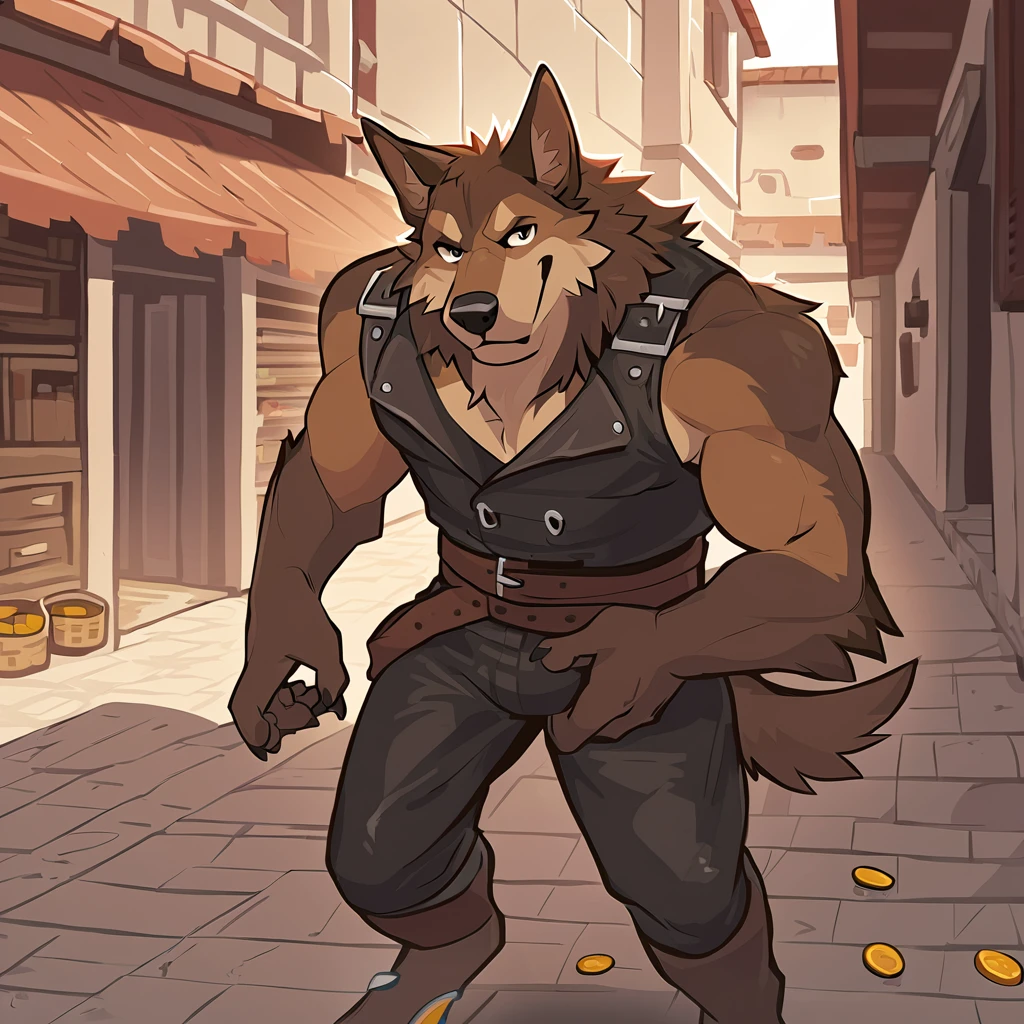 canid, canine, canis, mammal, mythological_canine, mythological_creature, were, werecanid, werecanine, weredog, dog, mythology, questionable, anthro, biped, brown_body, brown_fur, black_nose, dog_snout, male, fingers, fluffy, fluffy_tail, fur, looking_foward, looking_at_viewer, muscular, muscular_anthro, muscular_male, merchant, holding_coins, dropping_coins, falling_coins, raised_ears, courtyard, leather clothes, smirk, solo, standing, tail, tuft, 2020, digital_media_(artwork), hi_res, masterpiece