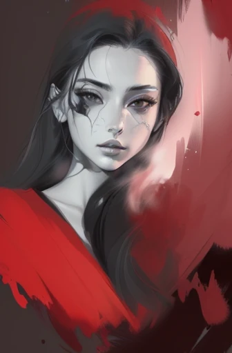 a close up of a drawing of a woman with black eyes, an expressive digital painting, grayscale phtoto with red dress, speedpaint, digital sketch, inspired by Ayako Rokkaku, digital drawing, expressive digital painting, digital painting, digital paiting, soft digital painting, digital paining, a digital painting, #1 digital painting of all time