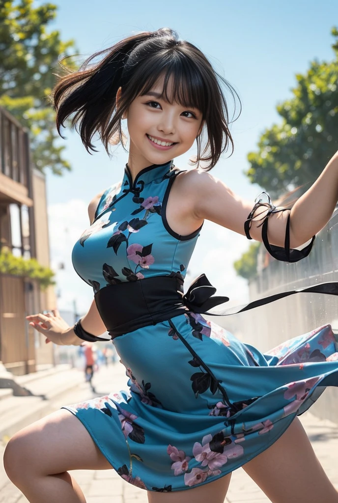 (8K、Raw photography、Highest quality、masterpiece:1.2),(Black Hair、Dark Eyes:1.9),(China dress:1.4)、View your audience,Front view,White skin,(ponytail:1.3)、(Tight waist:1.6)、(Clothes that accentuate the shape of the breasts:1.0)、(Big Breasts :1.3)、Slim figure、Ultra-high resolution,beautiful,beautiful fece,(One person、No background:1.9),whole bodyボディー,Japanese women,(reality的:1.37)、Photon Mapping,reality、(Baby-faced and cute: 1.4)、(Cute Smile: 1.8)、(Round face: 1.8)、Radio City、Physically Based Rendering、Depth of field rally background、photograph, (I can see your knees、Thigh close-up:1.8),(:1.6),whole body、Great quality