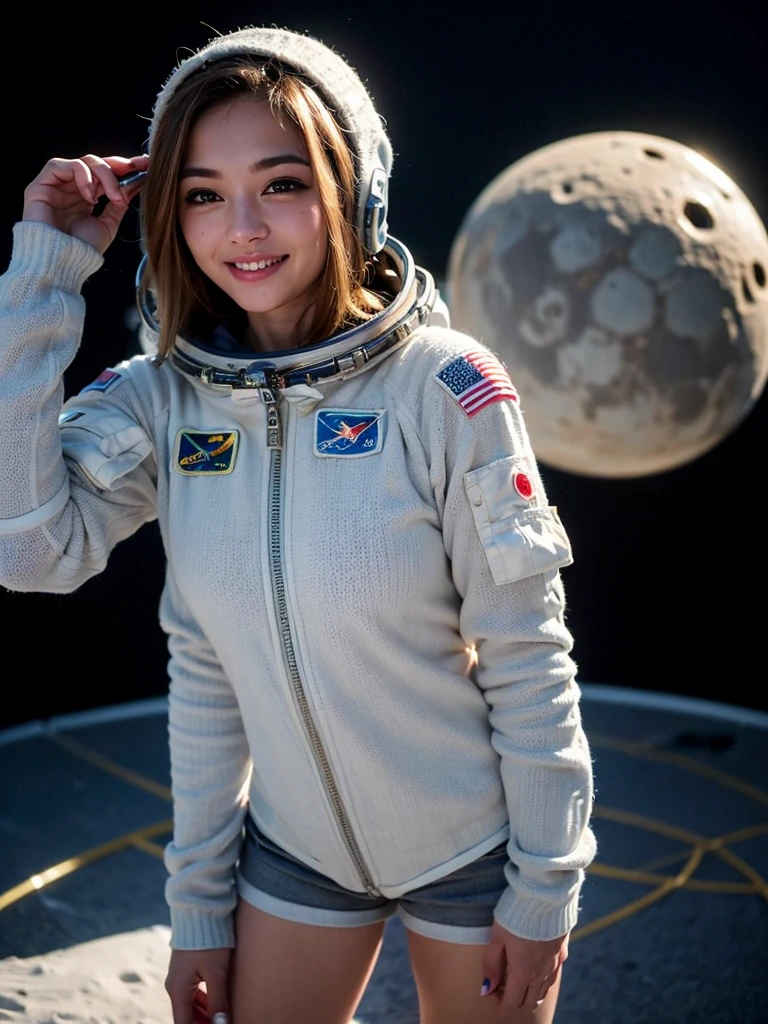 (smile)、(((Staring at the audience)))、((Wearing a space suit standing on the moon)),((Grey Bikini Shorts))、(((Spacewalk)))、wear spacesuits, 白いDressed in an astronaut costume, Cute girl in a tank top, girl in space, In space, (((Dressed in an astronaut costume))), woman astronaut, ((月面でOpen Stance))、((Sexy young woman&#39;s body:1.4))、Large bust、The navel is clean、I can see your belly、Open Stance、