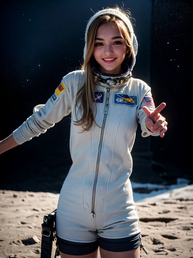 (smile)、(((Staring at the audience)))、((Wearing a space suit standing on the moon)),((Grey Bikini Shorts))、(((Spacewalk)))、wear spacesuits, 白いDressed in an astronaut costume, Cute girl in a tank top, girl in space, In space, (((Dressed in an astronaut costume))), woman astronaut, ((月面でOpen Stance))、((Sexy young woman's body:1.4))、Large bust、The navel is clean、I can see your belly、Open Stance、