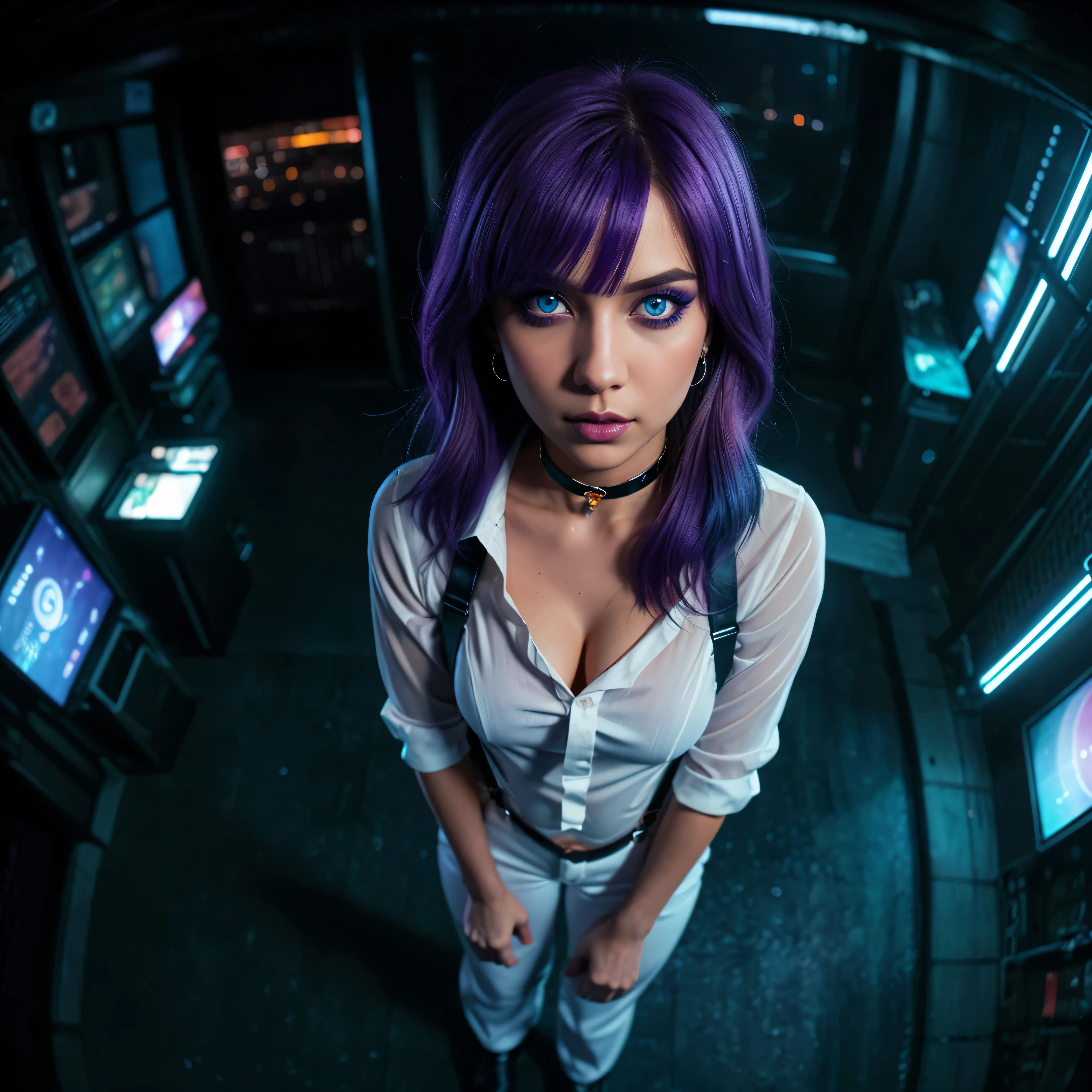 (((soft lunar lighting, from above, in the rays of the moon, moonlight, lunar column of light))), (((blade runner 2047 1.1 stylization))), ((( selfie 1.1))), ((  ( neon raindrops ))), (((futuristic city))), (((neon rain 1.1))), (((ultrasound Gama))), ((( ultramarine tones))), (((ultraviolet rain)  )), (((panorama ))), (((fisheye lens))), ((( kaleidoscopic ))), +(((HDMI, HDRI, UDHD) )),((Diffuse effect)), ((  volume effect 1.1)), ((Depth of field 1.1)).    1girl, solo, ((white shirt with a high collar 1.1)), ((pants with suspenders 1.1)), ((tie)), ((makeup)), ((earrings)), jewelry, ((choker1.1  )), ((long hair, multicolored hair, purple hair)), nose, purple lips, blue eyes, eyeshadow, collarbone.