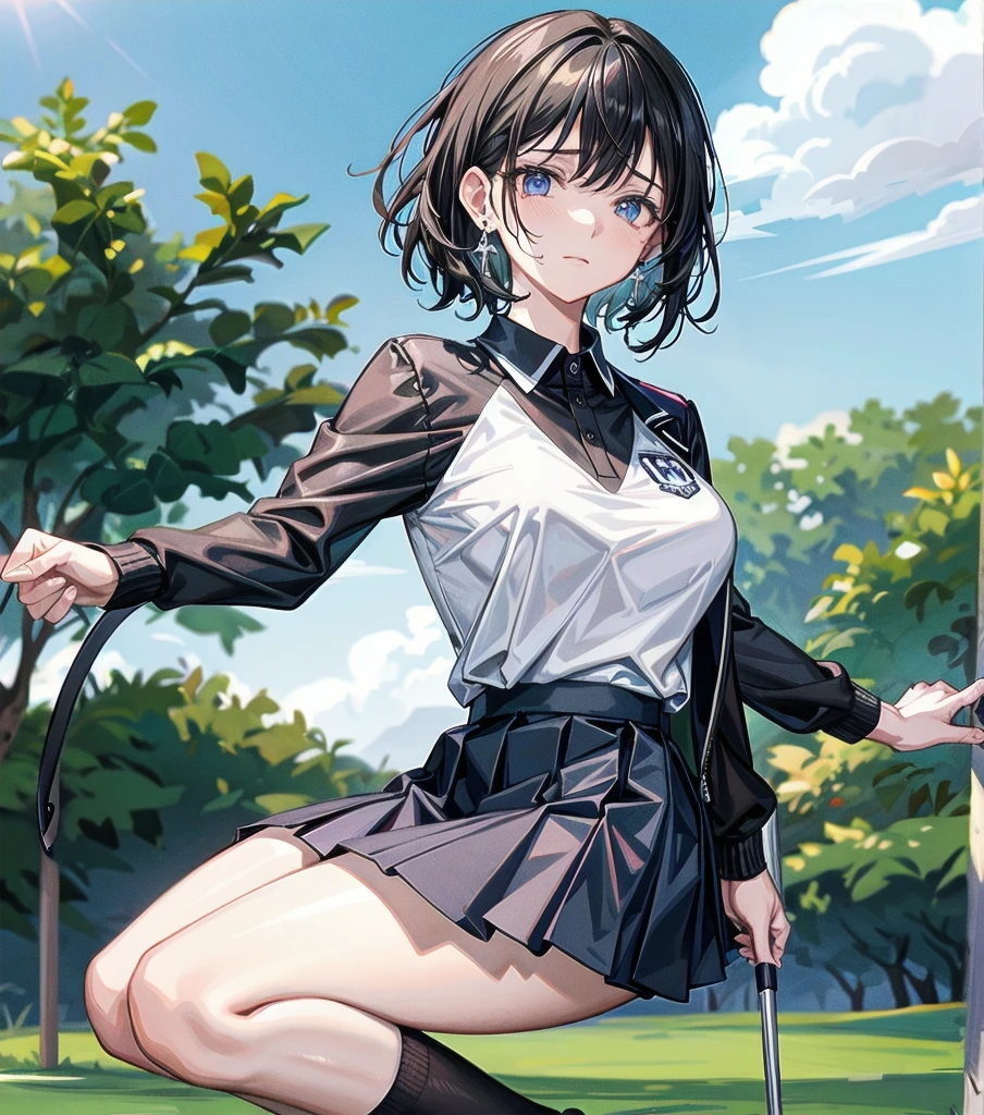 whole body, delicate facial features, big tits, medium hair, black hair, tearful mole, earring, golf uniform,