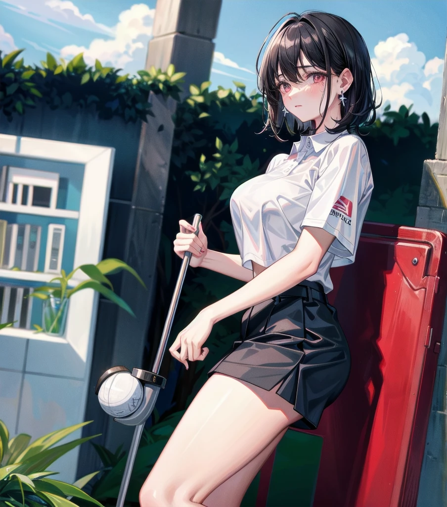 whole body, delicate facial features, big tits, medium hair, black hair, tearful mole, earring, golf uniform,