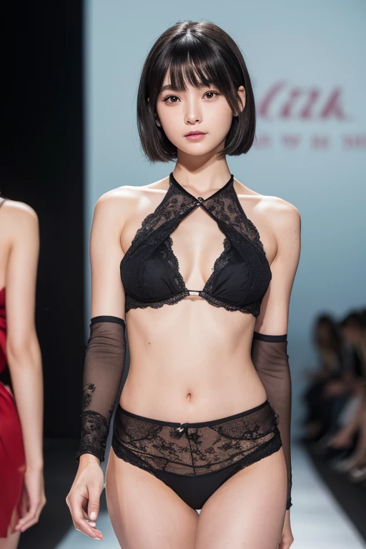 (High resolution:1.3), (16K, Realistic, RAW Photos, Best image quality: 1.4), Japanese, (One Girl), Beautiful Face, (Lively Faces), (Black-haired、short hair:1.3), Beautiful Hairstyles, Realistic eyes, Beautiful and detailed eyes, (Realistic Skin), Beautiful skins, Charm, 超High resolution, Surreal, High detail, Golden Ratio, Highly detailed cute girl,(20-year-old), fashion show, Runway, loose front of neck, thigh, 
