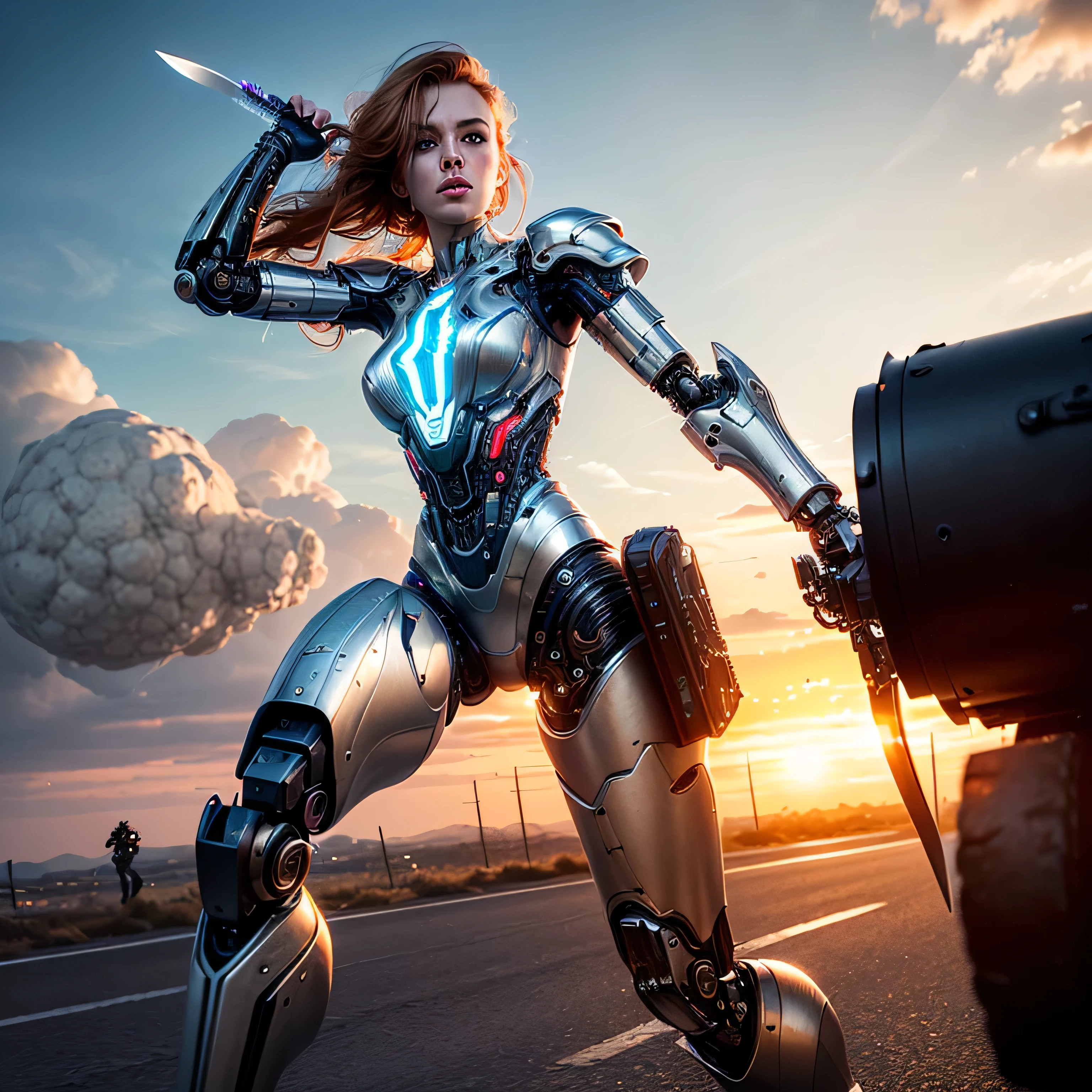 (masterpiece, photorealistic:1.4, extremely intricate:1.3), (photon mapping, radiosity, physically based rendering, ultra resolution, hyper-realistic, hyper-realistic, 8K, (dtx)), muscular girl, ((lacquered white perfectchainmail armor:0.8, ((mechanical limbs, cybernetic arms, futuristic cyborg, ((weapon, blade)))), intense, [skin detail:freckles:0.8])), metal reflections, outdoors, sunset, background futuristic battlefield, far away city destruction, god rays blasting a crater, professional photograph, (straight ginger hair, wind, windy, running dynamic movement pose, arm raised), sharp focus, dramatic, award winning, (film grain, bokeh, interaction)