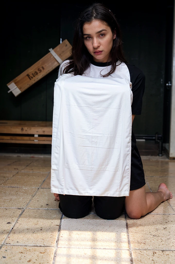 arafed woman mopping public school floor, kneeling on the floor with a black object in her hand, dressed in a white t shirt, wearing a white hospital gown, stood in a lab, at the hospital in patient gown, wet shirt, clothed in white shirt, 2 4 year old female model, in white clothes, close body shot, wearing a wet white short dress