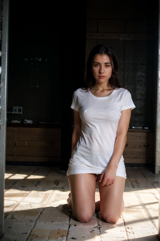 arafed woman mopping public school floor, kneeling on the floor with a black object in her hand, dressed in a white t shirt, wearing a white hospital gown, stood in a lab, at the hospital in patient gown, wet shirt, clothed in white shirt, 2 4 year old female model, in white clothes, close body shot, wearing a wet white short dress