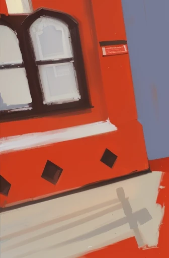 painting of a red building with a window and a bench, a digital painting, an expressive digital painting, stylised painting, artwork of a building, digital drawing, low detailed. digital painting, inspired by Fernand Léger, inspired by Pieter de Hooch, digital painted, inspired by Andre Derain, inspired by André Derain, digital painting, digitally painting