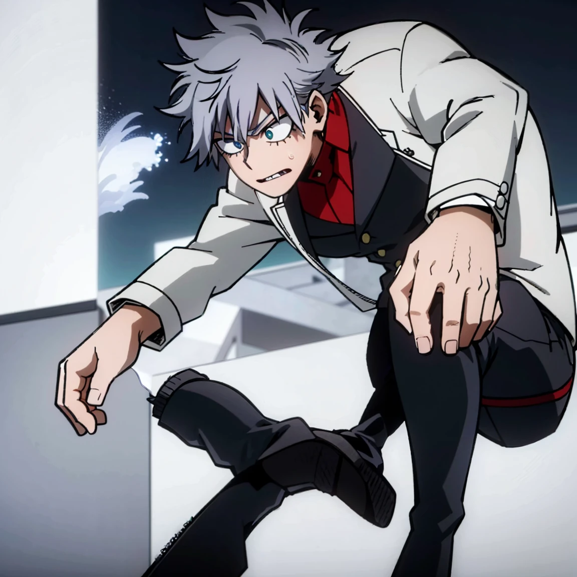 1boy, male focus, boku no hero academia, masterpiece, best quality, very aesthetic, muscular body, gray jacket, red tie, white shirt, teal pants, boots, short spiky hair, grayish violet hair, cyan eyes, night