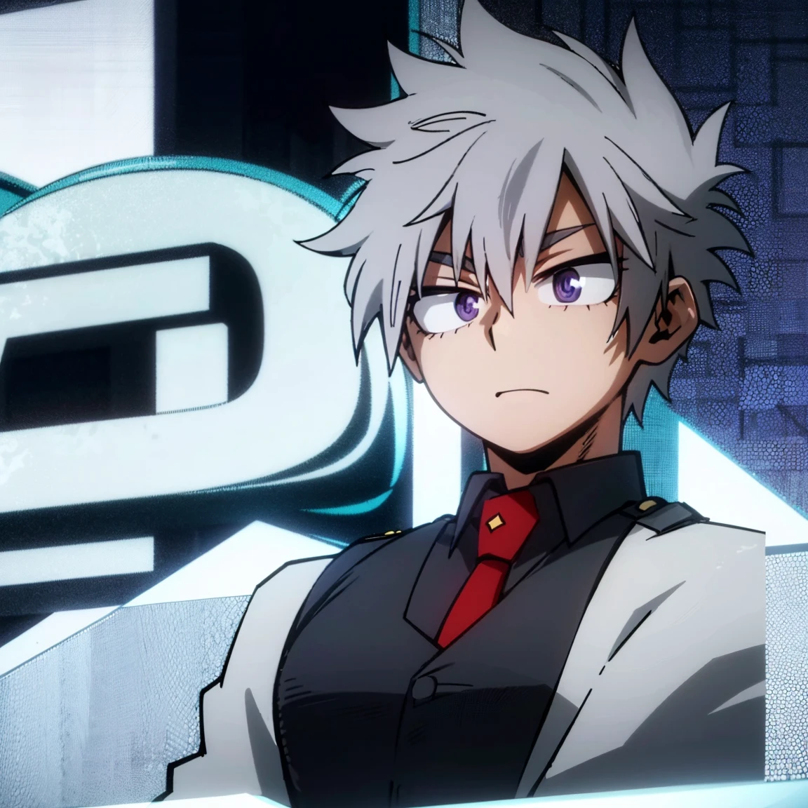 1boy, male focus, boku no hero academia, masterpiece, best quality, very aesthetic, muscular body, gray jacket, red tie, white shirt, teal pants, boots, short spiky hair, grayish violet hair, cyan eyes, night