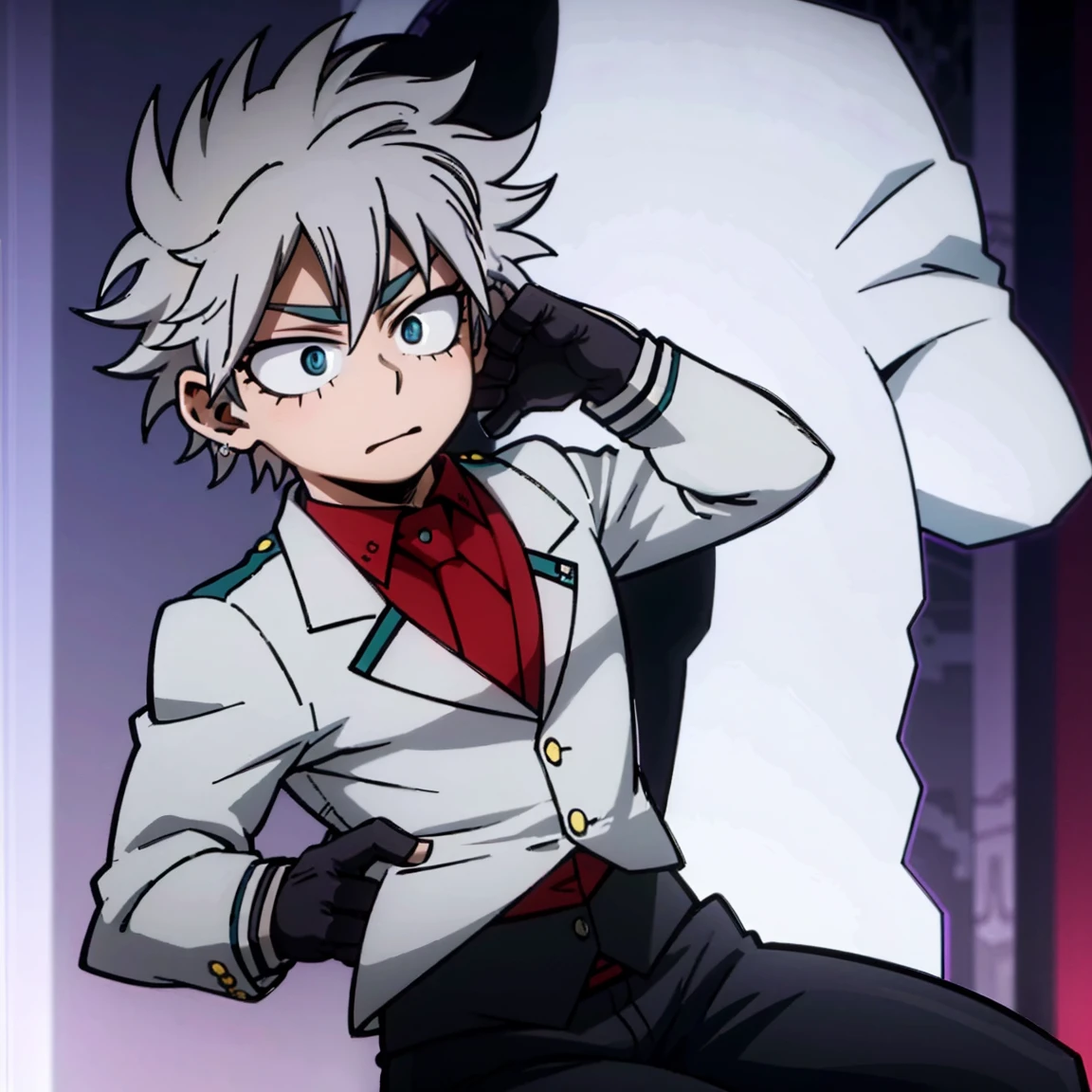 1boy, male focus, boku no hero academia, masterpiece, best quality, very aesthetic, muscular body, gray jacket, red tie, white shirt, teal pants, boots, short spiky hair, grayish violet hair, cyan eyes, night