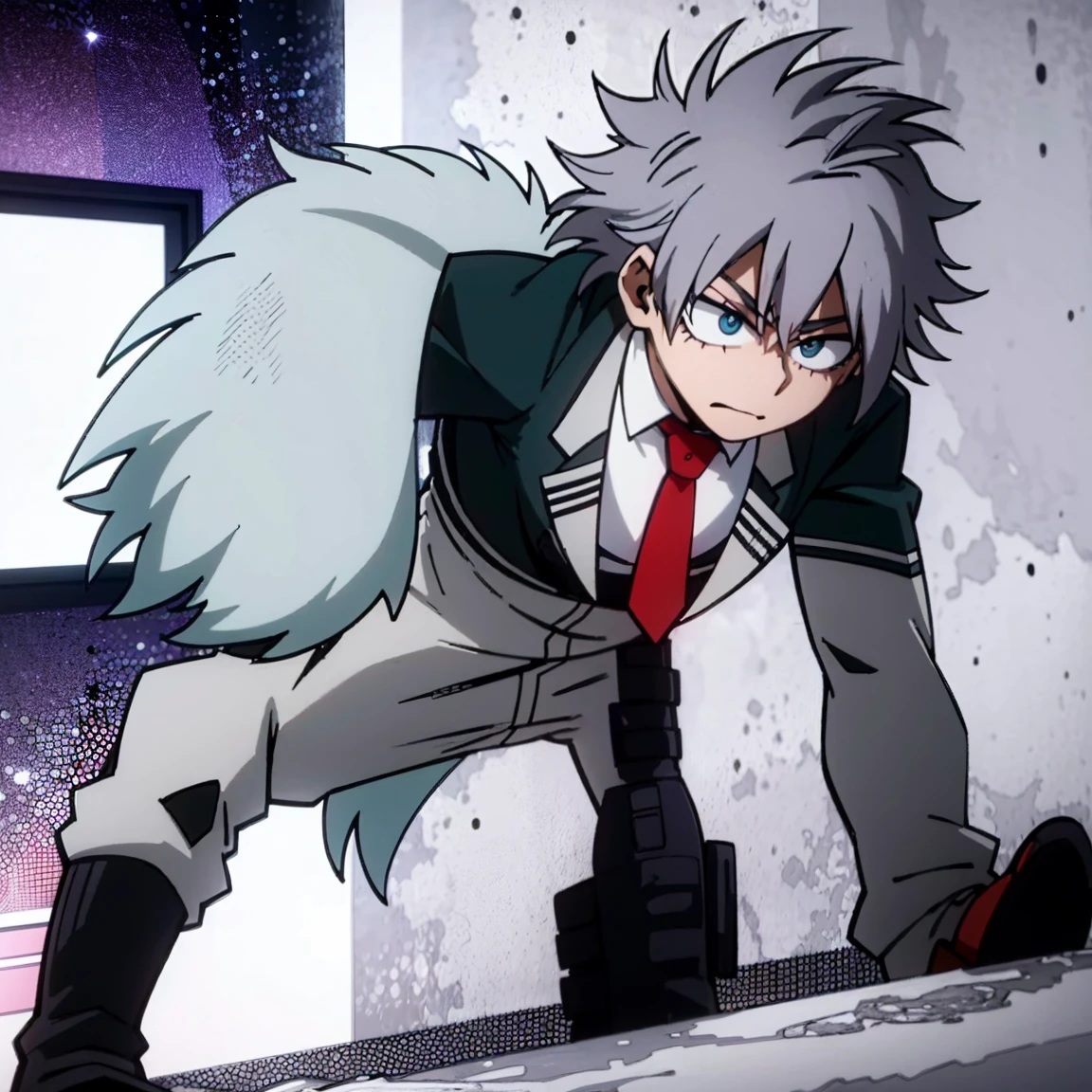 1boy, male focus, boku no hero academia, masterpiece, best quality, very aesthetic, muscular body, gray jacket, red tie, white shirt, teal pants, boots, short spiky hair, grayish violet hair, cyan eyes, night