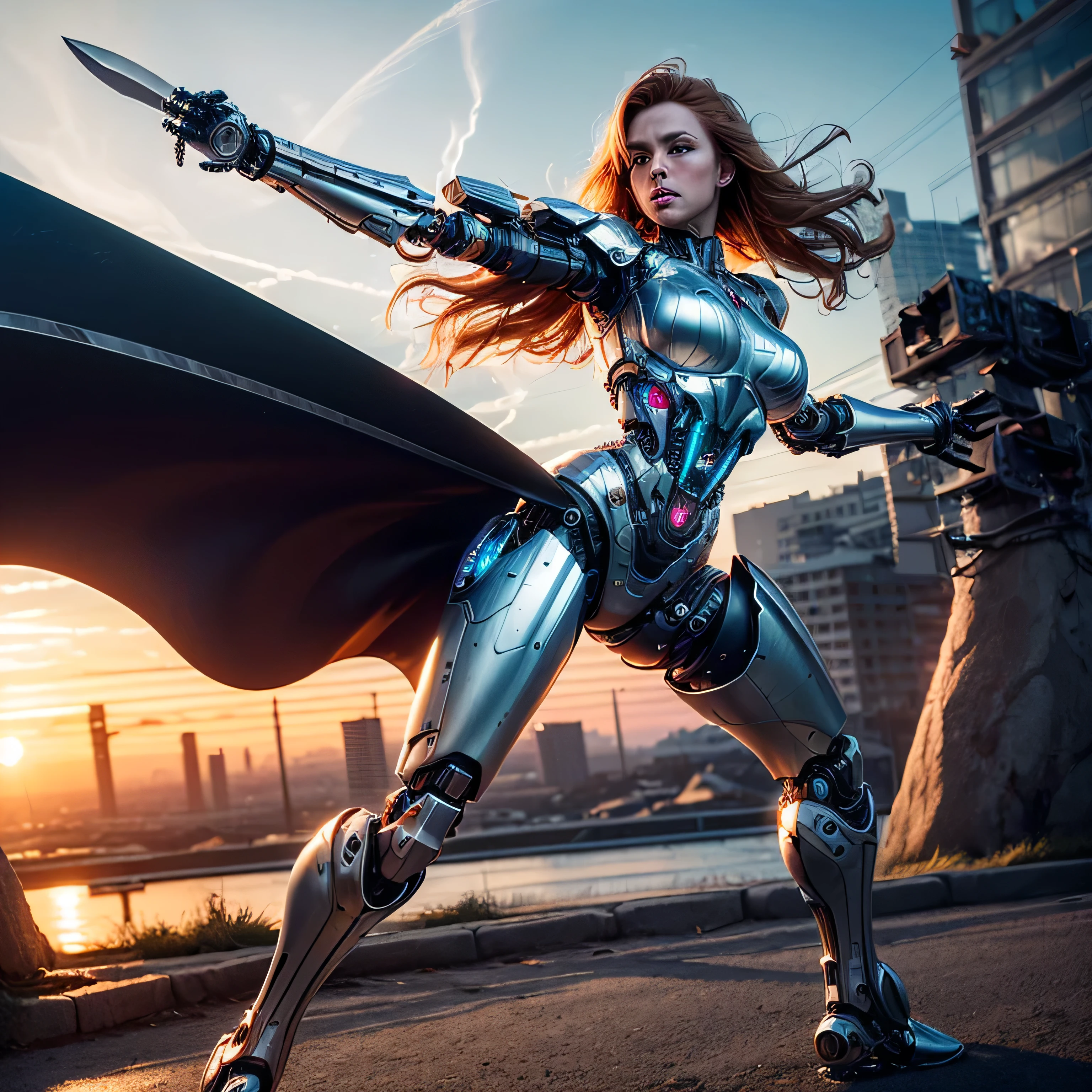 (masterpiece, photorealistic:1.4, extremely intricate:1.3), (photon mapping, radiosity, physically based rendering, ultra resolution, hyper-realistic, hyper-realistic, 8K, (dtx)), muscular girl, ((lacquered white perfectchainmail armor:0.8, ((mechanical limbs, cybernetic arms, futuristic cyborg, ((weapon, blade)))), intense, [skin detail:freckles:0.8])), metal reflections, outdoors, sunset, background futuristic battlefield, far away city destruction, god rays blasting a crater, professional photograph, (straight ginger hair, wind, windy, running dynamic movement pose, arm raised), sharp focus, dramatic, award winning, (film grain, bokeh, interaction)