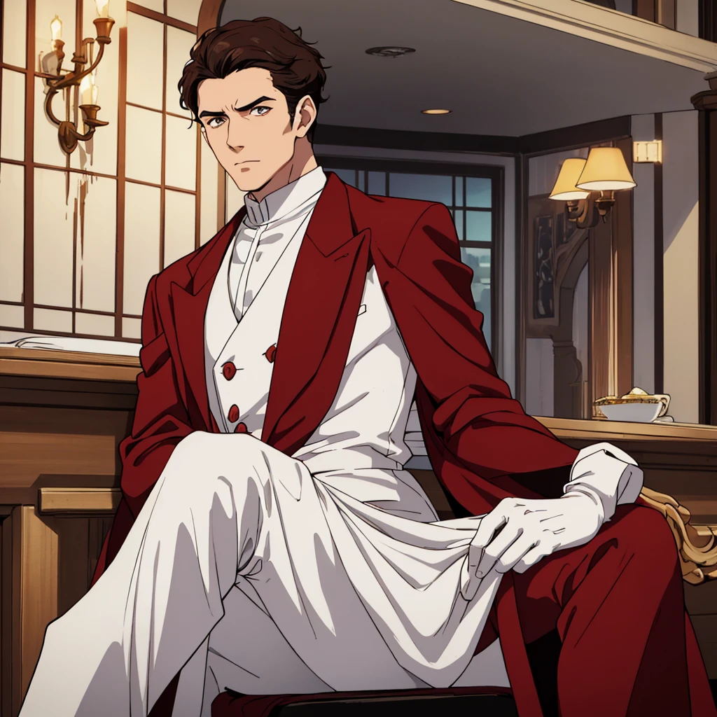 handsome man with white skin and short brown curly hair, eyes browns, serious expression, dressed in an elegant black and red suit, with white gloves, sitting on a chair inside a bar.