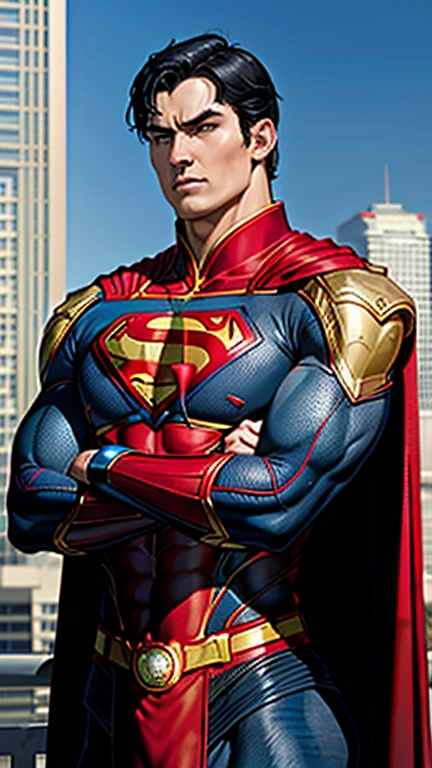 1boy, superman, abs, bara, black hair, blue bodysuit, blue eyes, bodysuit, cape, closed mouth, crossed arms, large pectorals, male focus, muscular, muscular male, pectoral lift, pectorals, red cape, Chinese armor, short hair, outdoors, skyscrapers, solo, superhero, upper body , ((masterpiece))