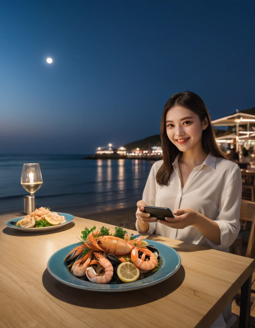 Aigenerate: 2plates with seafood, in a restaurant, located at the beach, at night time, make it look like a girl took the photo, with a phone