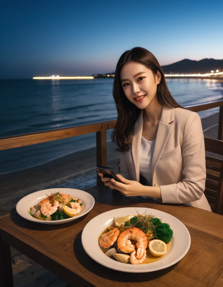 Aigenerate: 2plates with seafood, in a restaurant, located at the beach, at night time, make it look like a girl took the photo, with a phone