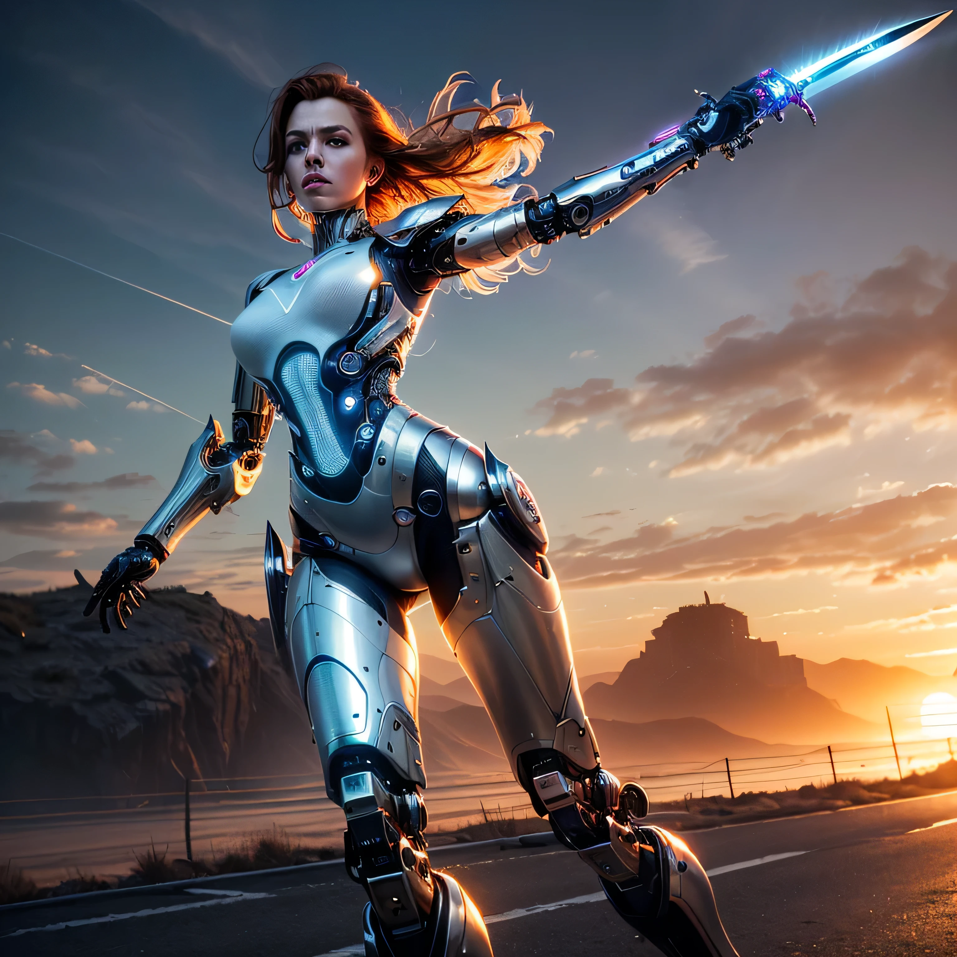 (masterpiece, photorealistic:1.4, extremely intricate:1.3), (photon mapping, radiosity, physically based rendering, ultra resolution, hyper-realistic, hyper-realistic, 8K, (dtx)), muscular girl, ((lacquered white perfectchainmail armor:0.8, ((mechanical limbs, cybernetic arms, futuristic cyborg, ((weapon, blade)))), intense, [skin detail:freckles:0.8])), metal reflections, outdoors, sunset, background futuristic battlefield, far away city destruction, god rays blasting a crater, professional photograph, (straight ginger hair, wind, windy, running dynamic movement pose, arm raised), sharp focus, dramatic, award winning, (film grain, bokeh, interaction)