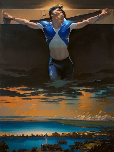 painting of a man on a cross with a sky background, aykut aydogdu eric zener, eric zener aykut aydogdu, eric zener cam de leon, inspired by Eric Zener, olympic diving springoard, inspired by Arnold Böcklin, inspired by Dosso Dossi, inspired by Julio Larraz