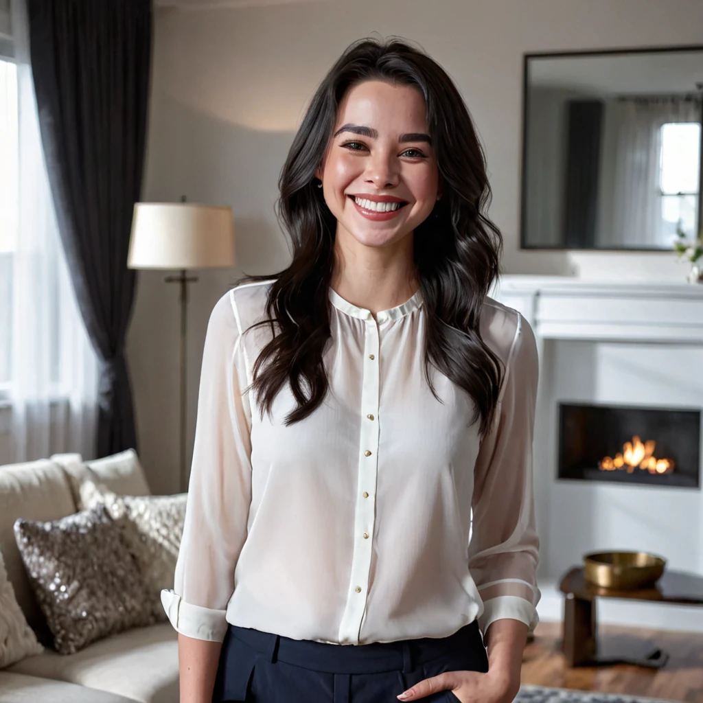 (1girl:1.2) , best qualityer, whole body, best qualityer, highres , dark hair, realistic texture, gorgeous face, soft skin, white blouse, Grinning, skin fair, standing in living Room, light skin, pale, facing the camera, 8K, smiling