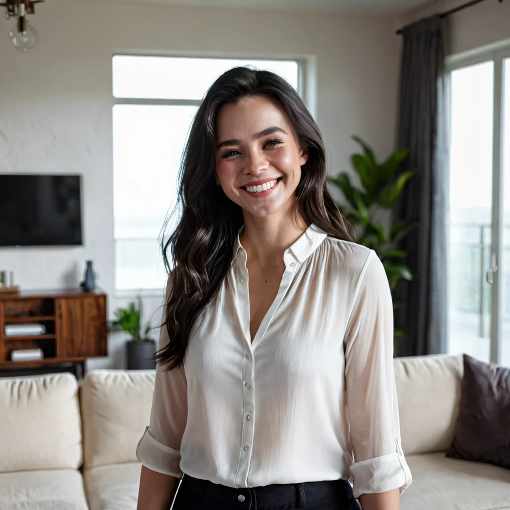 (1girl:1.2) , best qualityer, whole body, best qualityer, highres , dark hair, realistic texture, gorgeous face, soft skin, white blouse, Grinning, skin fair, standing in living Room, light skin, pale, facing the camera, 8K, smiling
