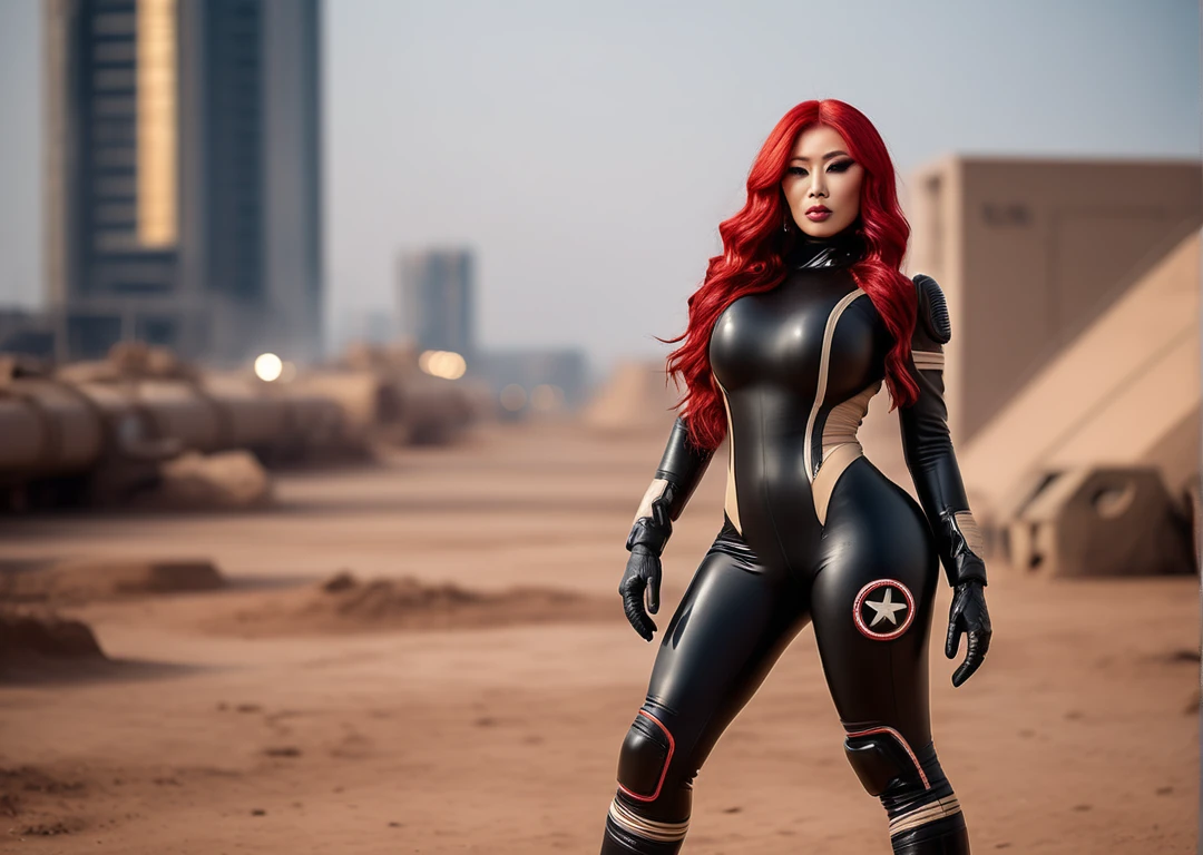 a beautiful ((chong)) in ((mat)) rubber scifi space suit, black and beige, emblem, (heavy gloves), long red hair, standing in (( battle city)),  full body, cinematic, (bokeh), photo realistic, canon 75mm f/2.8, naturalistic lighting, dynamic shadows, depth of field, [[skin pores]], masterpiece
