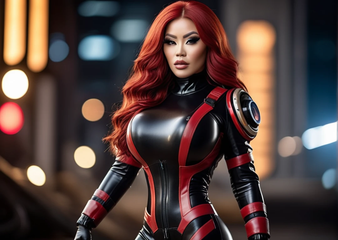 a beautiful ((chong)) in ((mat)) rubber scifi space suit, black and beige, emblem, (heavy gloves), long red hair, standing in (( battle city)),  full body, cinematic, (bokeh), photo realistic, canon 75mm f/2.8, naturalistic lighting, dynamic shadows, depth of field, [[skin pores]], masterpiece
