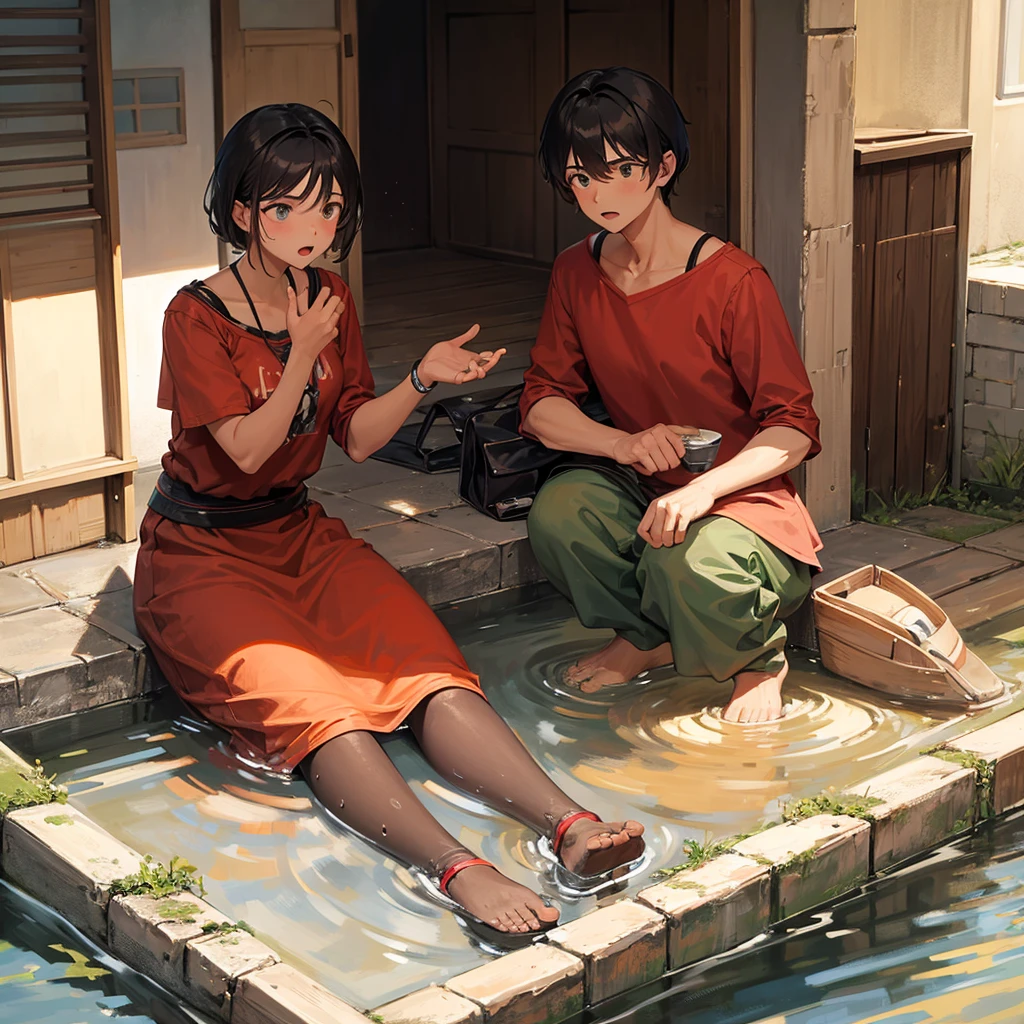 Family of a man and a woman with a little male son, sitting talking about it water, worried because it is running out in their community 