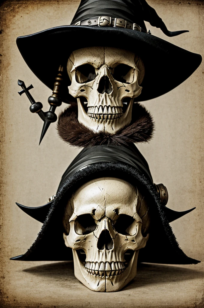 Skull with witch hat and piston cross like bones
