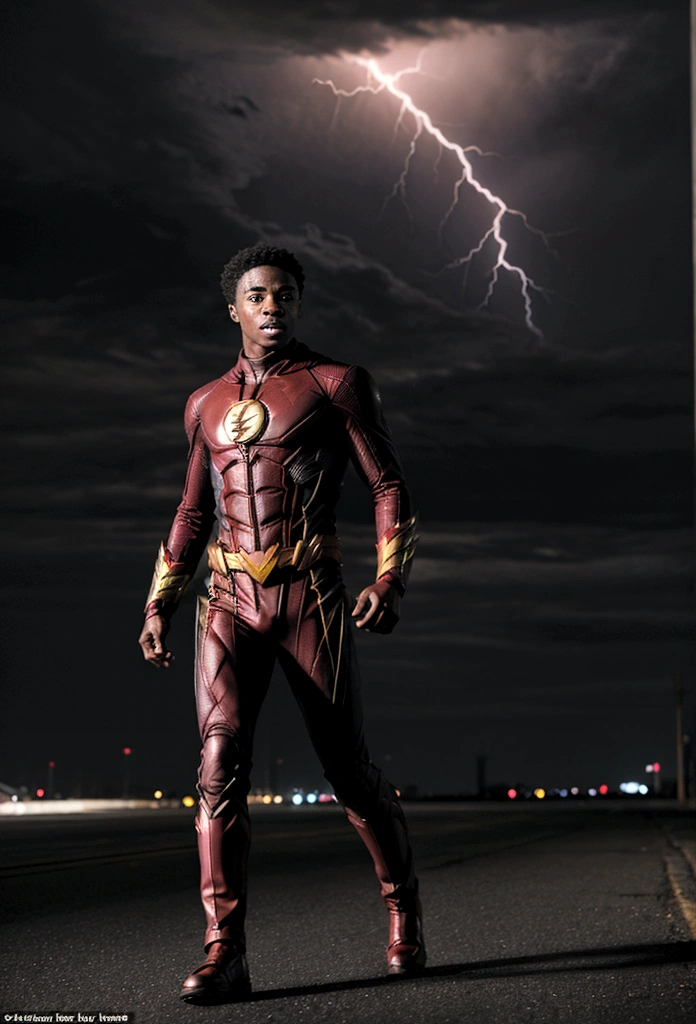 A 22-year-old African American Barry Allen, a.k.a. The Flash, running at super speed through an apocalyptic world.
comic book-inspired with an extreme realistic look. Emphasis on motion and energy, capturing the urgency and intensity of Barry's mission.
A desolate, apocalyptic cityscape. Skyscrapers are crumbling, fires blaze in the distance, and the sky is dark with ominous storm clouds. Lightning strikes sporadically, adding to the chaos.
Barry Allen in mid-stride, his figure slightly blurred to convey his incredible speed. His expression is one of fierce determination, his eyes focused ahead.
A young African American man, fit and athletic, with short-cropped hair. His costume is a sleek, modern take on the classic Flash suit, predominantly red with gold accents. The suit has a slightly worn look, showing signs of the battle he's been throughVibrant streaks of red and yellow lightning trail behind him, illustrating his super speed. The ground beneath his feet is cracking and splintering due to the force of his movement.In the background, shadowy figures of villains or looming threats add to the sense of danger. Debris is flying through the air, and there are subtle hints of other heroes or allies fighting in the distance, perhaps just silhouettes or flashes of their powers.The artwork should feel intense and urgent, with a dark and foreboding atmosphere contrasted by the bright, energetic lightning of Barry’s speed force.
There is a sense of hope amid the destruction, symbolized by Barry's presence and the light trails he leaves behind