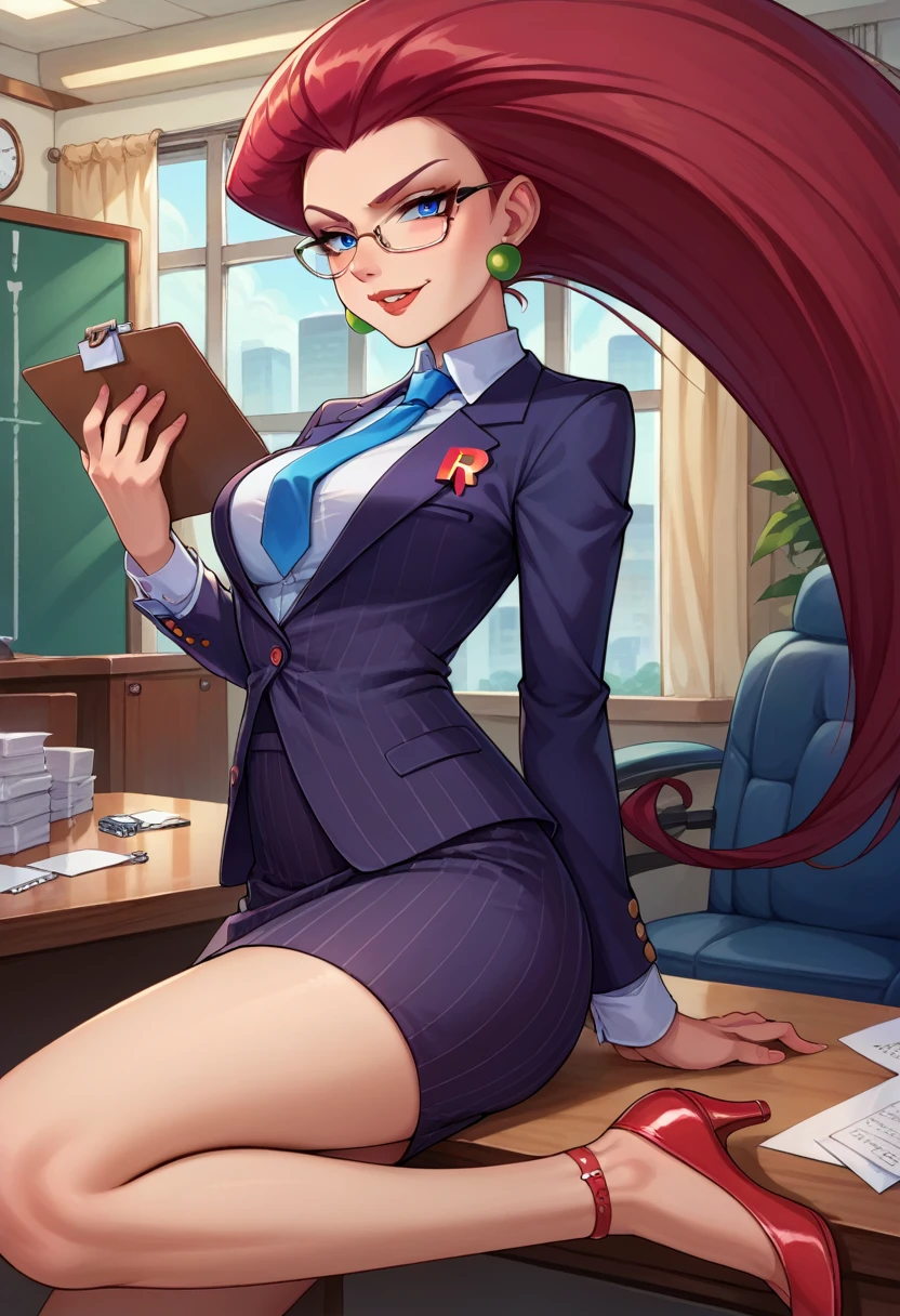 score_9,score_8_up,score_7_up,score_6_up, source_anime, 1girl, solo, (((EPpkJessie))), long hair, blue eyes, glasses, red hair, hair slicked back, pinstripe skirt suit, suit and tie, (((three-piece suit))), silk dress shirt, shirt and tie, necktie, ((blazer)), ((suit jacket)) ((waistcoat)), ((bodycon miniskirt)), stockings, high heels, tie clip, pocket square, tailored suit, (((cufflinks))),
office, holding clipboard, smug, confident, arrogant