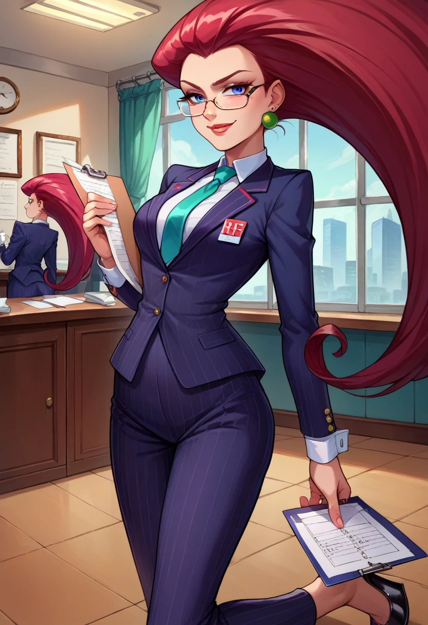 score_9,score_8_up,score_7_up,score_6_up, source_anime, 1girl, solo, (((EPpkJessie))), long hair, blue eyes, glasses, red hair, hair slicked back, pinstripe skirt suit, suit and tie, (((three-piece suit))), silk dress shirt, shirt and tie, necktie, ((blazer)), ((suit jacket)) ((waistcoat)), ((bodycon miniskirt)), stockings, high heels, tie clip, pocket square, tailored suit, (((cufflinks))),
office, holding clipboard, smug, confident, arrogant