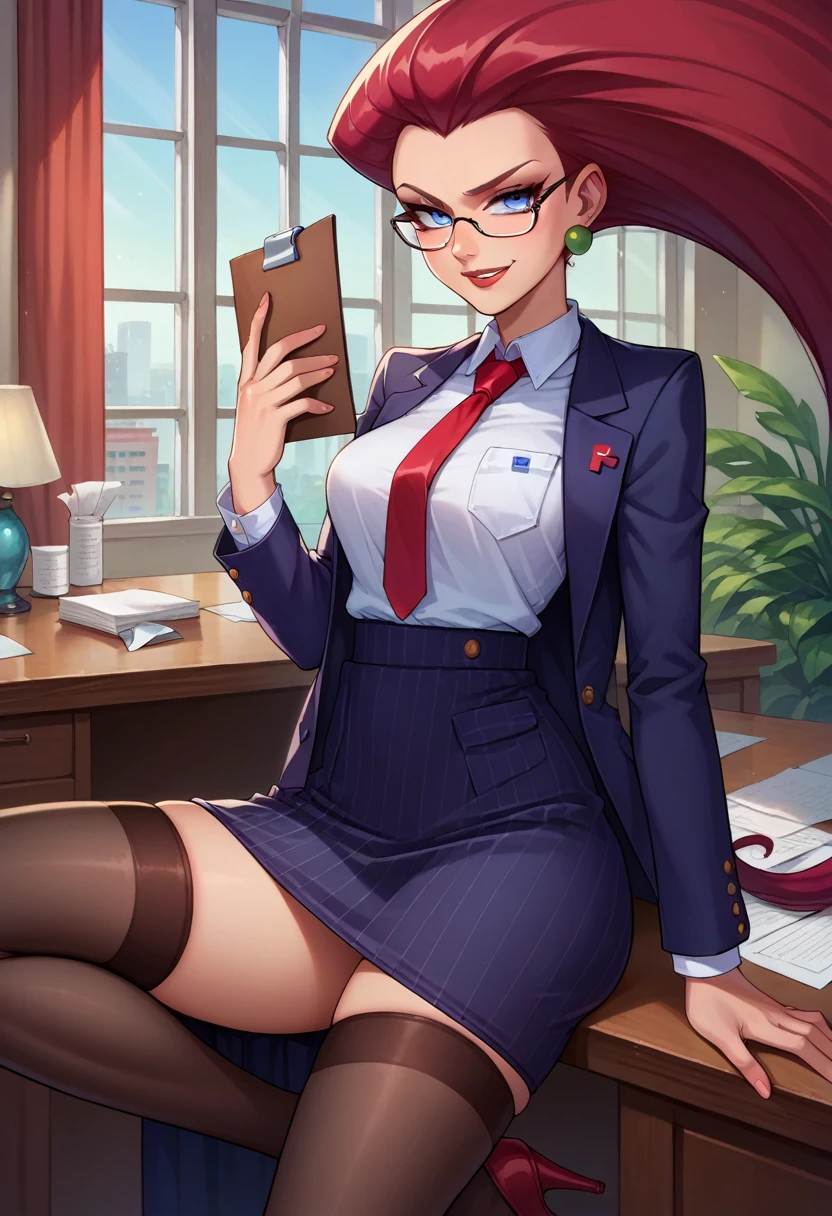 score_9,score_8_up,score_7_up,score_6_up, source_anime, 1girl, solo, (((EPpkJessie))), long hair, blue eyes, glasses, red hair, hair slicked back, pinstripe skirt suit, suit and tie, (((three-piece suit))), silk dress shirt, shirt and tie, necktie, ((blazer)), ((suit jacket)) ((waistcoat)), ((bodycon miniskirt)), stockings, high heels, tie clip, pocket square, tailored suit, (((cufflinks))),
office, holding clipboard, smug, confident, arrogant