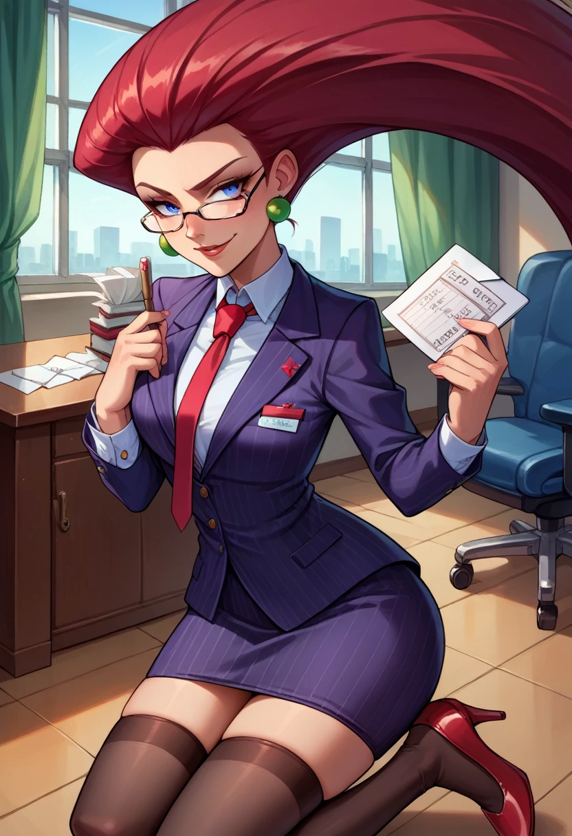 score_9,score_8_up,score_7_up,score_6_up, source_anime, 1girl, solo, (((EPpkJessie))), long hair, blue eyes, glasses, red hair, hair slicked back, pinstripe skirt suit, suit and tie, (((three-piece suit))), silk dress shirt, shirt and tie, necktie, ((blazer)), ((suit jacket)) ((waistcoat)), ((bodycon miniskirt)), stockings, high heels, tie clip, pocket square, tailored suit, (((cufflinks))),
office, holding clipboard, smug, confident, arrogant