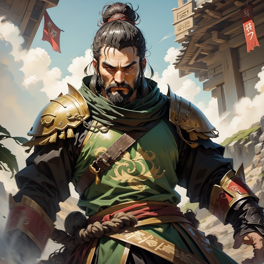 A full-length portrait of Liu Bei in ancient China. His appearance is soft but charismatic. A topknot unique to ancient China and a light green wooden armor.