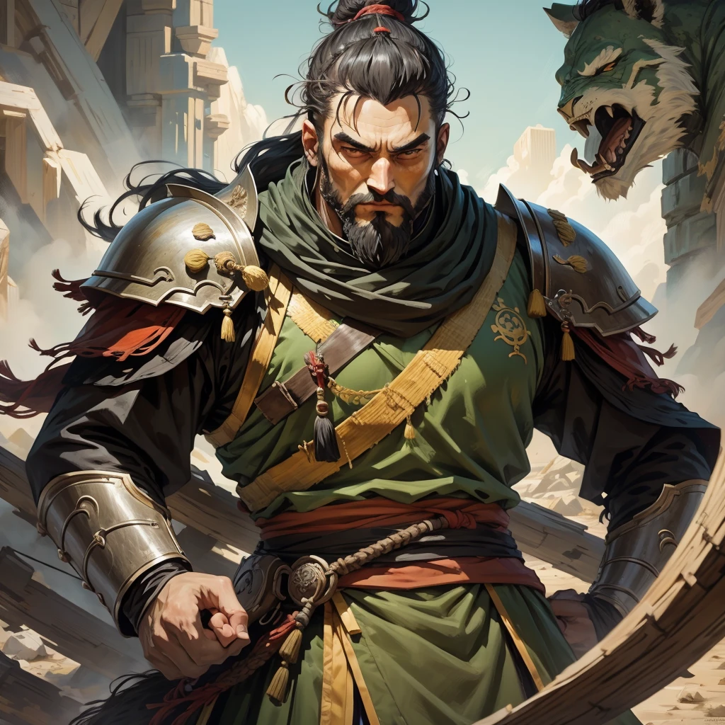 A full-length portrait of Liu Bei in ancient China. His appearance is soft but charismatic. A topknot unique to ancient China and a light green wooden armor.