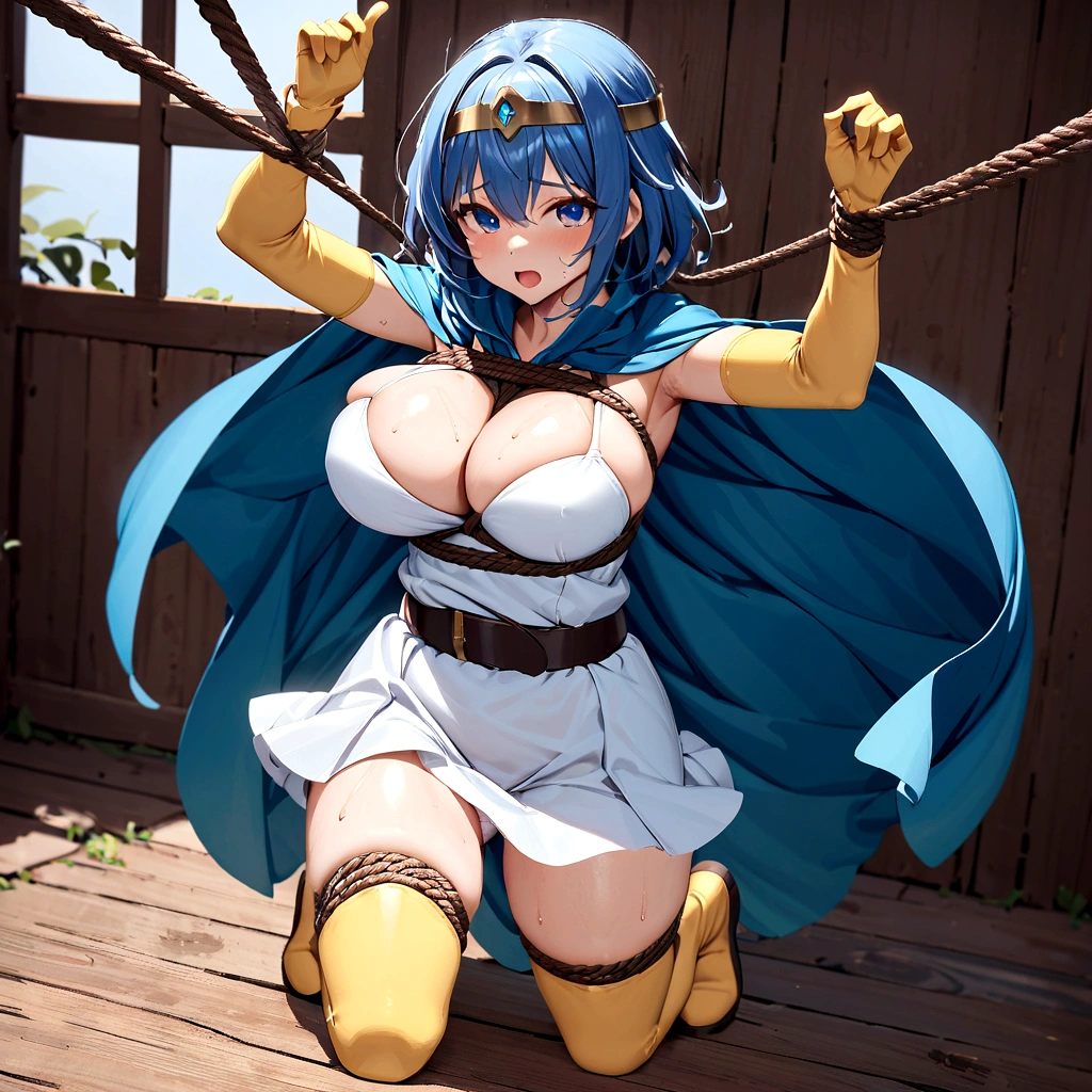 ((((((もっともっと服がはち切れそうなSuper big breasts:1.9))))))、((((Her breasts are so big they overflow from her clothes:1.9))))((((スカートが短すぎてWhite pantiesが覗く:9))))、((((White panties:1.9))))((彼女のドレスは短すぎてWhite pantiesが覗く:1.9))、(((White panties:1.9)))masterpiece, Highest quality,, Highly detailed background, Perfect lighting, (beautiful, Highest quality:1.1), masterpiece, Perfect Eyes, (beautiful), (erotic:1.2) Cleavage,short hair, Bright light Blue Hair, Observe the audience,(masterpiece, Highest quality:1.1), Sage_(dq3),,Blue Hair, Circlet, Normal chest, Yellow gloves,little white mini skirt dress, belt, Cape, boots, Cleavage, Expose your shoulders,Please close your eyes tightly.、Open your mouth苦しむ、Sweaty、Drenched in sweat、(Full body image:1.3)、(超巨大なCleavage:1.2)、(Super big breasts:1.2)、(Clothes are torn to shreds:1.9)、(The skirt is too short and your underwear is visible:1.8)、(下着はWhite panties:1.8)、(shibari:1.8)、(Open your mouth:1.5)、(Please close your eyes tightly.:1.8)、(Enduring Suffering:1.5)、(Put your hands behind your back:1.9)、(tied up and hung with a rope:1.9)、(the whole body is tied with a rope:1.9)、(My clothes are soaked and shiny..:1.5)、(Clothes are soaked and see-through:1.8)、(Plump body:1.8)、(Get down on one knee:1.8)、(息を切らしてit hurts:1.8)、(The body is tied up with rope and restrained:1.9)、(Tie your knees with a rope:2.9)、(Tie your thighs with a rope:2.9)、(My whole body is covered in bruises:1.8)、(The whole body is dirty and filthy:1.8)、(shortness of breathまたは呼吸困難:1.6)、(My whole body is full of wounds:1.8)、(My whole body is full of woundsで力尽きる:1.9)、(Exhausted:1.5)、(shortness of breath:1.8)、(it hurts:1.8)、(Being strangled with a rope:1.8)、(Suspended from above by ropes:1.9)((超巨大なCleavage:1.9))、((White panties:1.9))、(Her hands are tied with rope:1.9)、(Please close your eyes tightly.:1.9)、(彼女のWhite pantiesは短すぎるドレスから覗いている:1.5)、(Her clothes were torn off by the men.る:1.2)、(She blushes in embarrassment:1.5)、(Her clothes were torn off by the men.、she was almost naked。.:1.2)、(She is arching her back:1.9)、(She is looking up:1.9)、(her body is full of scars:1.9)、(the back is arched:1.9)、(Her breast size is M cup:1.9)、((彼女はもっともっとSuper big breasts:1.9))、(She is bound by chains all over her body9)、(More and more roped off:1.9)、(shibari:2.9)、(shibari:2.9)、(Super big breasts:7.9)、(((スカートの隙間からWhite pantiesが覗く:1.9)))、(((She is tied up with rope:1.9)))、((((((White panties:1.9))))))、(((((((((((((彼女は超超Drenched in sweat:7.9)))))))))))))、(((((((((((彼女は上を向いてOpen your mouth顔を赤くして嫌がる:1.9)))))))))))、((((((((((I'm so embarrassed I blush and cry:1.9))))))))))