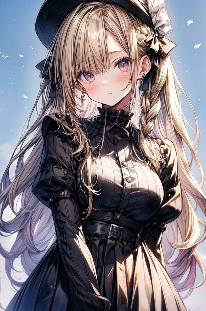 ((Sketch)), ((Watercolor)),((best quality)) ((best quality)), ((masterpiece)), (detailed), HD, Highly Detailed, 4k image, anime style, beautiful young teenage girl, 13 years old, pearly white skin, Blonde braided ponytail hair, adorable and cute facial features, golden-brown colored eyes, Japanese Maid Uniform, plump thick lips, small A-cup breasts, short height(160cm), small narrow waist, wide curvy hips, plump large round ass