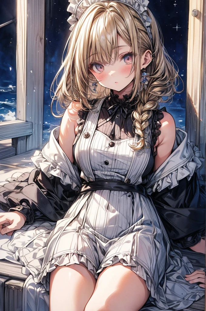 ((Sketch)), ((Watercolor)),((best quality)) ((best quality)), ((masterpiece)), (detailed), HD, Highly Detailed, 4k image, anime style, beautiful young teenage girl, 13 years old, pearly white skin, Blonde braided ponytail hair, adorable and cute facial features, golden-brown colored eyes, Japanese Maid Uniform, plump thick lips, small A-cup breasts, short height(160cm), small narrow waist, wide curvy hips, plump large round ass