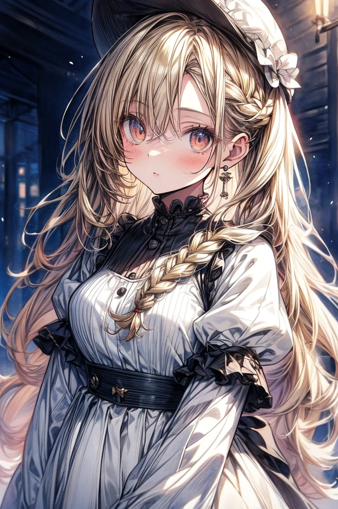 ((Sketch)), ((Watercolor)),((best quality)) ((best quality)), ((masterpiece)), (detailed), HD, Highly Detailed, 4k image, anime style, beautiful young teenage girl, 13 years old, pearly white skin, Blonde braided ponytail hair, adorable and cute facial features, golden-brown colored eyes, Japanese Maid Uniform, plump thick lips, small A-cup breasts, short height(160cm), small narrow waist, wide curvy hips, plump large round ass