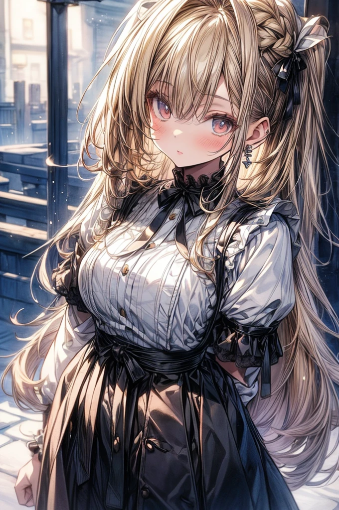 ((Sketch)), ((Watercolor)),((best quality)) ((best quality)), ((masterpiece)), (detailed), HD, Highly Detailed, 4k image, anime style, beautiful young teenage girl, 13 years old, pearly white skin, Blonde braided ponytail hair, adorable and cute facial features, golden-brown colored eyes, Japanese Maid Uniform, plump thick lips, small A-cup breasts, short height(160cm), small narrow waist, wide curvy hips, plump large round ass