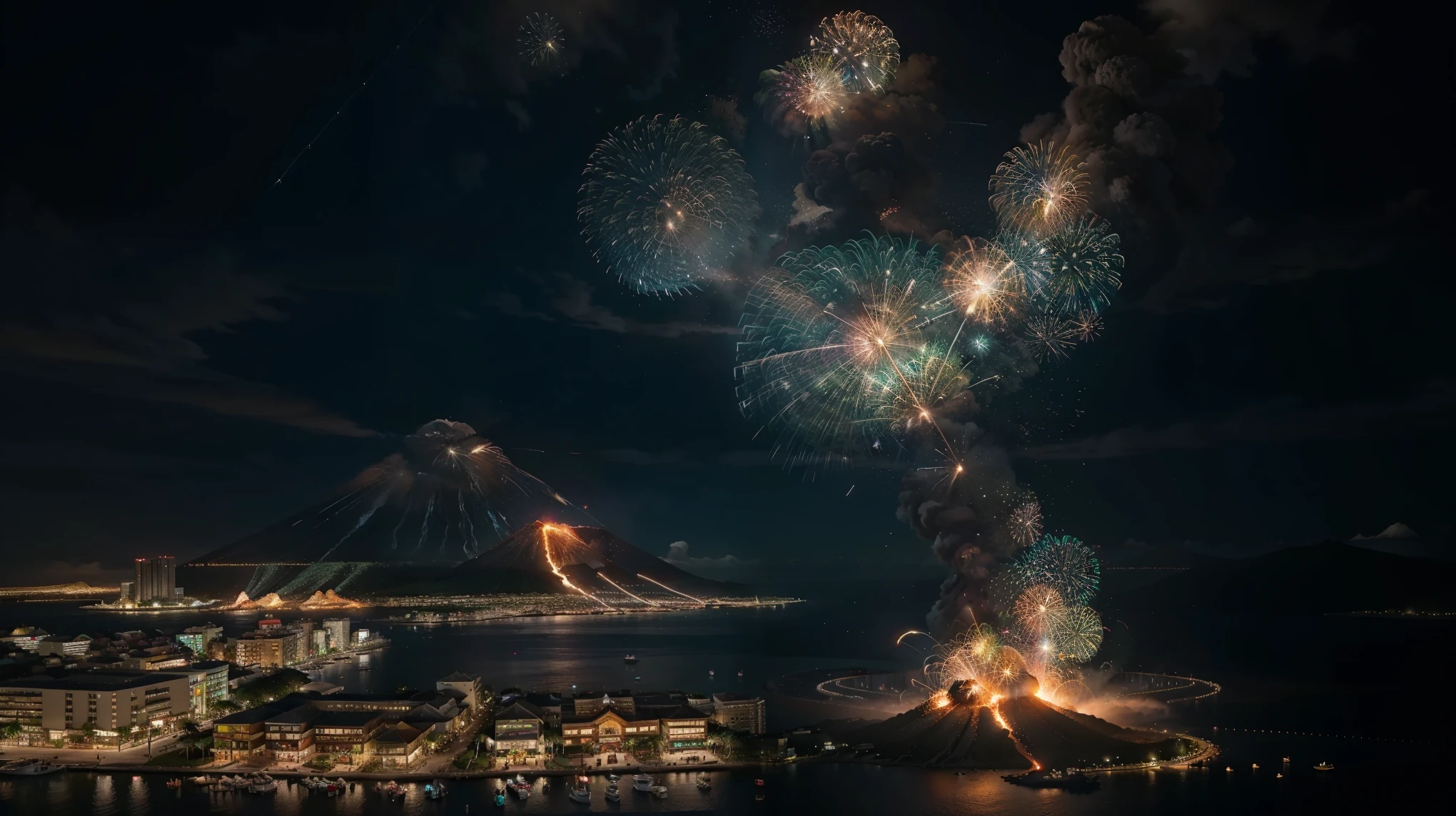 shopping cart　Website　Multiple beautiful islands々With cityscape in the background　Parts of islands and buildings、It is collapsing into a network of electron particles.。　A volcano is erupting。Various types of electron light。entertainment。Circus-like atmosphere。