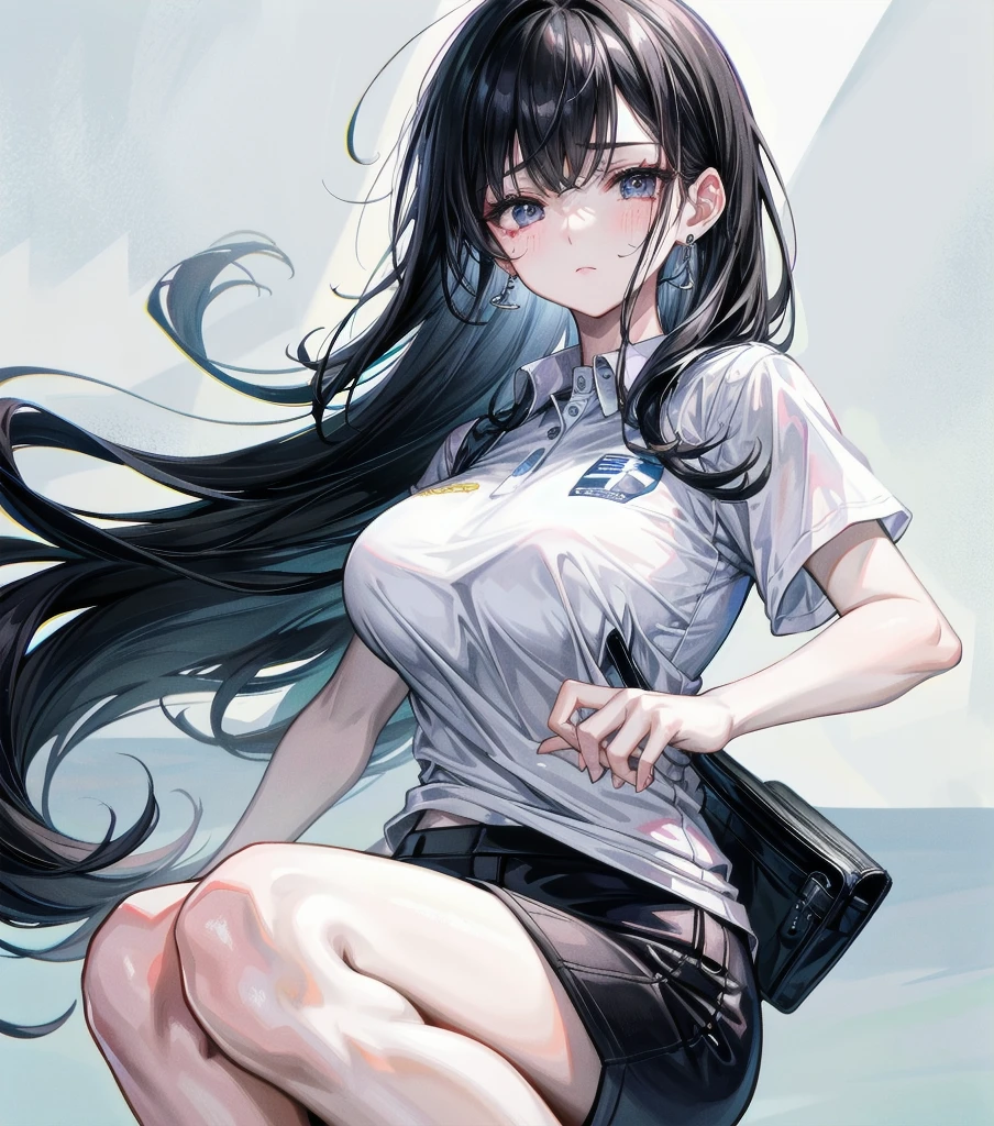 whole body, delicate facial features, big tits, medium hair, black hair, tearful mole, earring, golf uniform,