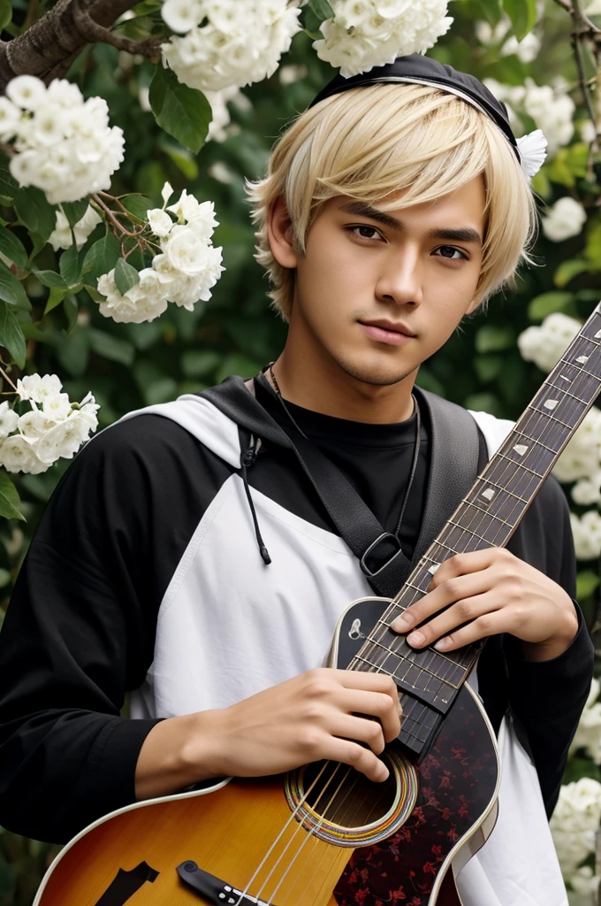 male character, anime, short blonde hair, Crown of flowers, short , guitar on his back, White cap, BLACK LENSES