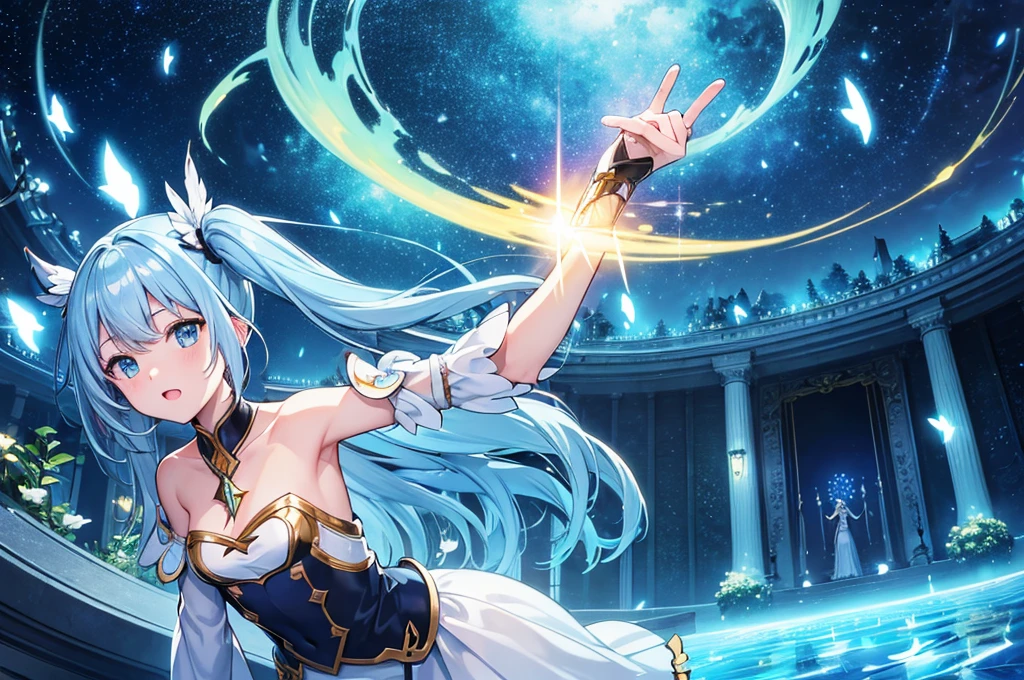 ((Ultra-detailed)), ((Best illustrations)), ((Cinema Lighting)), Dynamic Angle, floating, Are you okay, (flash: 1.2), (Shine: 1.2), (Shine: 1.2), "(Highest quality), 美しい少女のUltra-detailed描写, Light blue long hair、Twin tails、 Great background、Fantasy、Fairy World、In the colorful forest、Surrounded by pure white owls and vibrant plants、Cinematic colors、refresh, Starry Sky、Dazzling moonlight