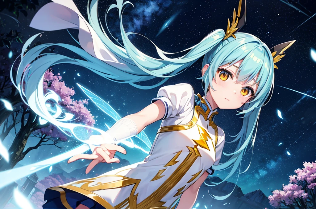 ((Ultra-detailed)), ((Best illustrations)), ((Cinema Lighting)), Dynamic Angle, floating, Are you okay, (flash: 1.2), (Shine: 1.2), (Shine: 1.2), "(Highest quality), 美しい少女のUltra-detailed描写, Light blue long hair、Twin tails、 Great background、Fantasy、Fairy World、In the colorful forest、Surrounded by pure white owls and vibrant plants、Cinematic colors、refresh, Starry Sky、Dazzling moonlight
